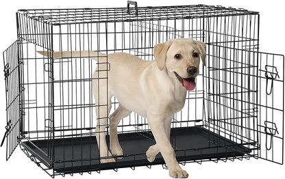 Dog Crate for Large Medium Small Dogs, Folding Dog Kennel Cage with Plastic Tray & Divider 48"/42"/ 36"/ 30"/ 24" Indoor Outdoor Metal Double Door Heavy Duty Dog Pen Enclosure, Black(36 Inch)