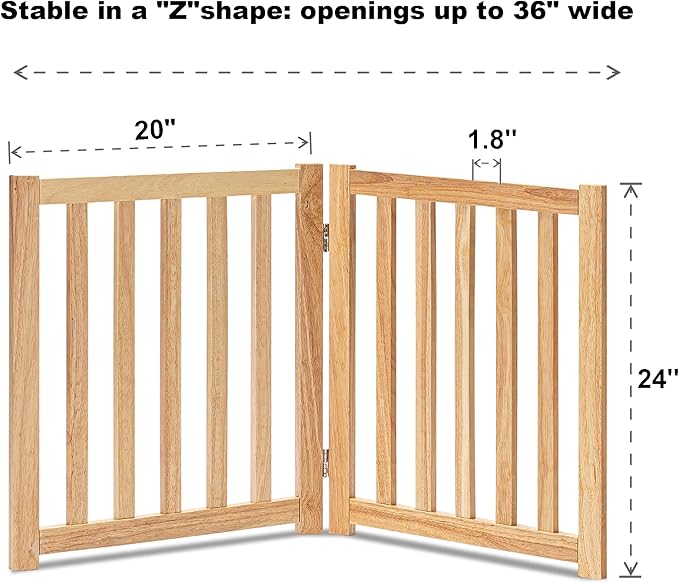 LZRS 2-Panel Wooden Free Standing Foldable Dog Gate Indoor – Solid Hardwood 24" High, Step-Over Safety Pet Gate for Doorways, Stairs & Small Spaces - Indoor Use, Natural