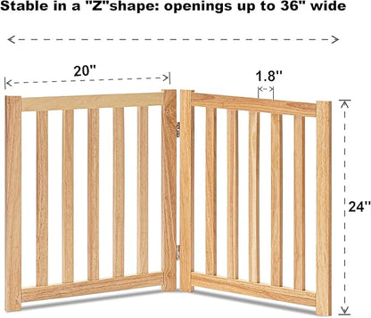 LZRS 2-Panel Wooden Free Standing Foldable Dog Gate Indoor – Solid Hardwood 24" High, Step-Over Safety Pet Gate for Doorways, Stairs & Small Spaces - Indoor Use, Natural