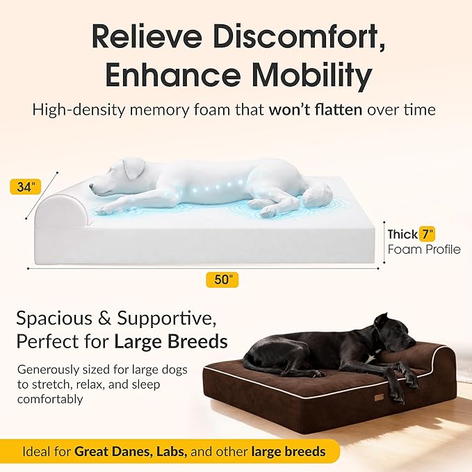 KOPEKS Orthopedic Memory Foam Dog Bed 7" Inch Thick Extra Large Dog Bed With Pillow Brown 50"x34"x10" Includes Waterproof Liner & Durable Removable Cover With Smart Design