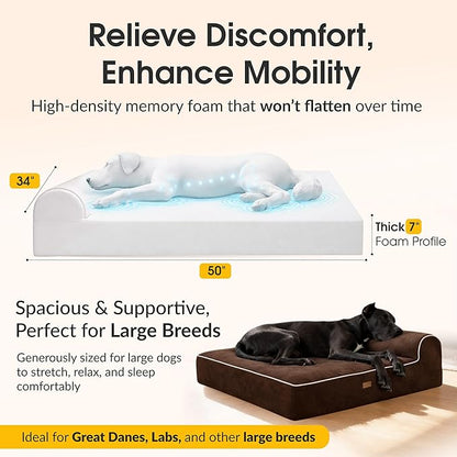 KOPEKS Orthopedic Memory Foam Dog Bed 7" Inch Thick Extra Large Dog Bed With Pillow Brown 50"x34"x10" Includes Waterproof Liner & Durable Removable Cover With Smart Design