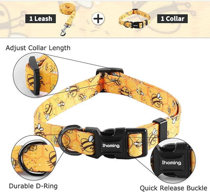 Ihoming Dog Collar and Leash Set for Daily Outdoor Walking Running Training, Bee Design for Medium Boys Girls Dogs Cats Pets, M-Up to 45LBS