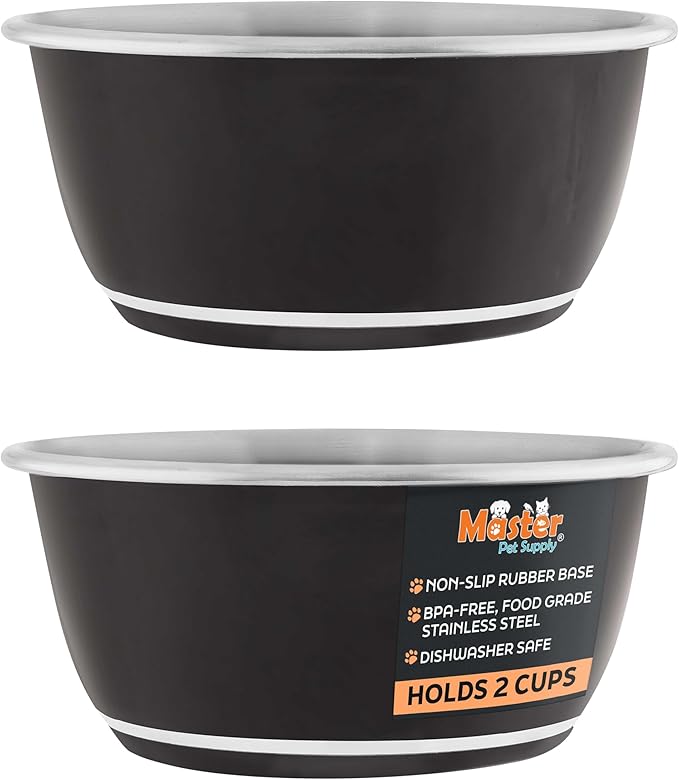 Master Pet Supply Stainless Steel Dog Bowls Set of 2 (16 Oz Each) with Non-Slip Rubber Base - Black Velvet - Basic Dog Food Bowl Water & Food Bowls for Small Medium Large Dogs & Cats, Metal Dish