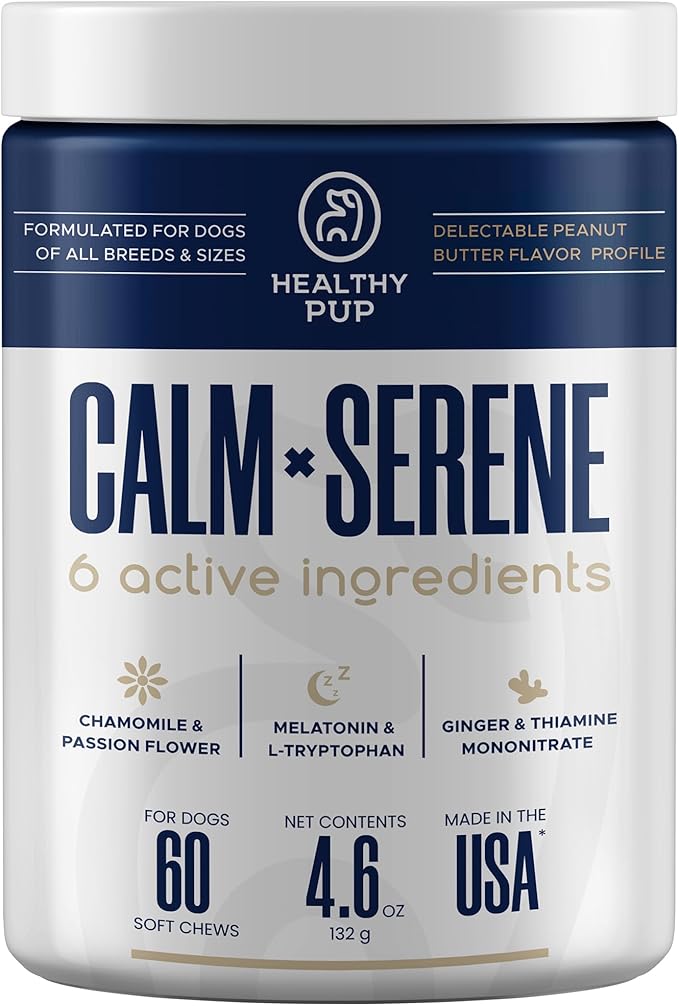 Healthy Pup Calming Chews for Dogs with Melatonin - 60 Delicious Soft Treats for Dog Anxiety Relief for Large and Small Dogs - Peanut Butter Flavor - Includes Chamomile, Thiamine, L-Tryptophan