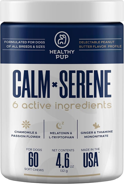 Healthy Pup Calming Chews for Dogs with Melatonin - 60 Delicious Soft Treats for Dog Anxiety Relief for Large and Small Dogs - Peanut Butter Flavor - Includes Chamomile, Thiamine, L-Tryptophan