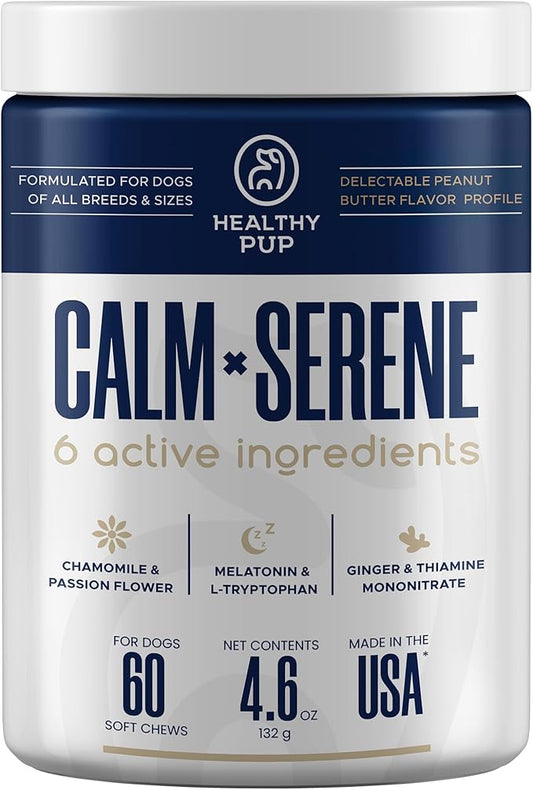 Healthy Pup Calming Chews for Dogs with Melatonin - 60 Delicious Soft Treats for Dog Anxiety Relief for Large and Small Dogs - Peanut Butter Flavor - Includes Chamomile, Thiamine, L-Tryptophan