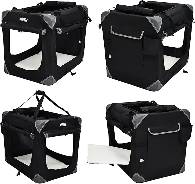 EliteField 4-Door Folding Soft Dog Crate with Curtains, Carrying Bag and Fleece Bed (2 Year Warranty), Indoor & Outdoor Pet Home (42" L x 28" W x 32" H, Black+4 Door Curtains)