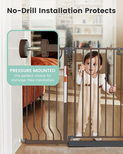 Mom's Choice-GROWNSY Baby Gate for Stairs, 30.5"-48.4" Pressure Mounted Baby Gate for Top of Stair&Doorway with V-Shaped Rods, Anti-Trip Pedal,Wide Stairs Dog Gate Easy Install w/Red Reminder,Brown