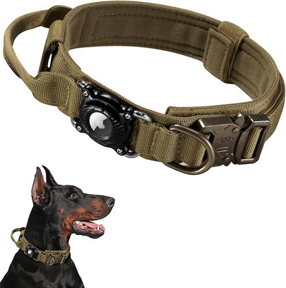 Personalized Tactical Dog Collar with Waterproof airtag Holder & Name Phone Number, Heavy Duty Nylon Military Dog Collar with Strong Metal Buckle for Medium and Large Dogs(Khaki,M)