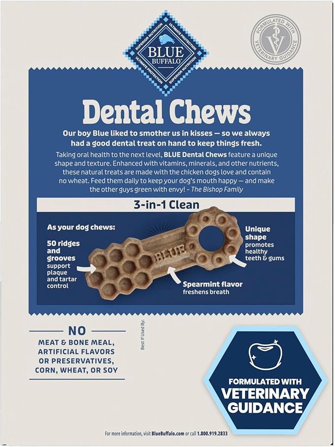 Blue Buffalo Large Dental Chews for Dogs, Daily Dental Care Dog Treats Made in the USA with Natural Ingredients, Chicken & Spearmint (44-oz box, 28 count)
