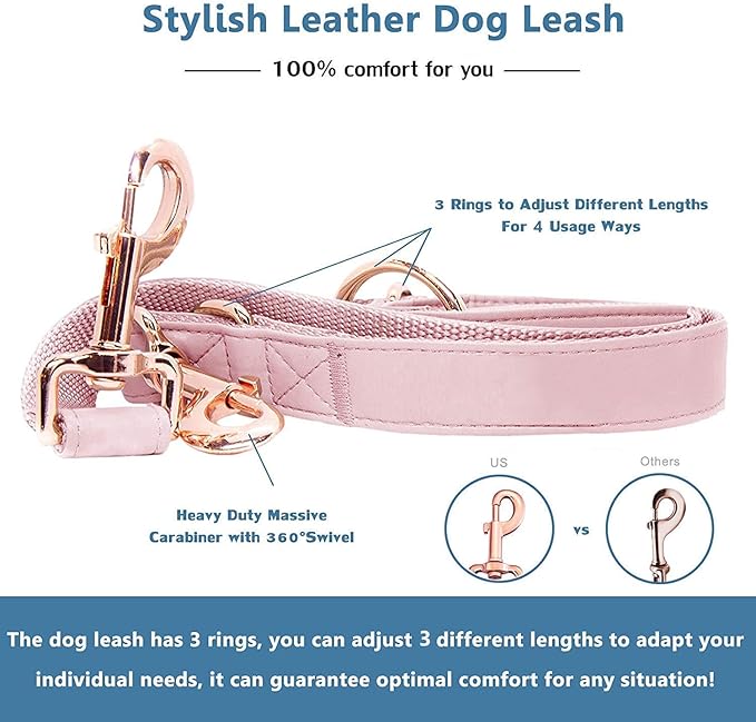 Soft Leather Dog Collar and Leash (6.6') Set - Stylish Rose Gold Heavy Duty Metal Buckle, 4 Adjustable Lengths Leash for Small Medium Large Dogs - Comfortable & Easy to Clean Pink S(12.2"-16.9")