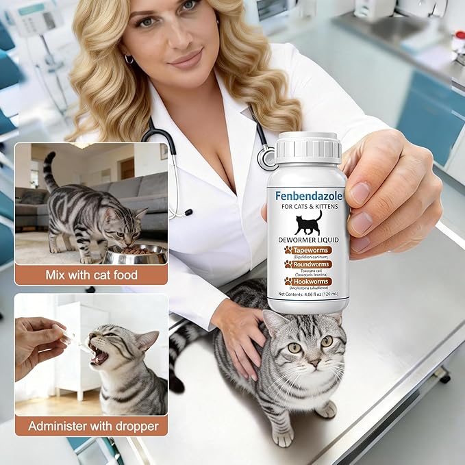 Cat Dewormer for Cats – Fenbendazole Liquid Broad Spectrum Wormer for Tapeworms, Roundworms & Hookworms, 120 mL (4.2 fl oz)