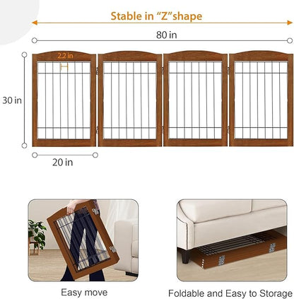 LZRS 4-Panel Freestanding Wooden Dog Gate—Extra Wide 30” Tall Foldable Pet Barrier with Support Feet, Solid Hardwood & Steel Wire Safety Gate for Doorways, Hallways, and Stairs, Cherry