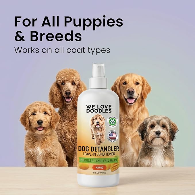 We Love Doodles Dog Detangler Spray - Leave-in Conditioner for Dogs - Dog Detangling Spray - Dematting Spray for Dogs - Tangle Remover - Made in The USA - Large 16 fl oz (Mango)