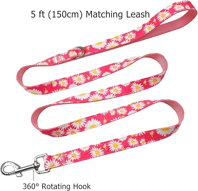 Dog Collar Leash Set, Floral Pattern, Nylon Webbing Plus Cotton Ribbon, 5ft Matching Leash, for Small Dogs.(S, Pink Daisy)