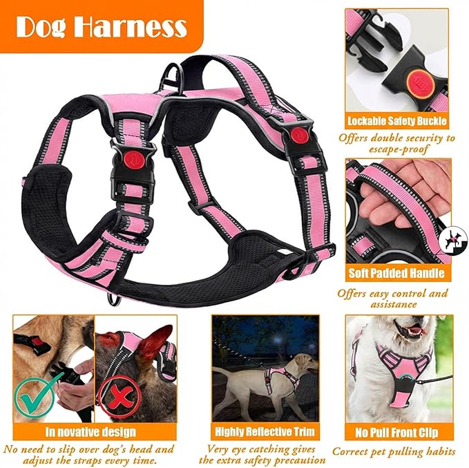 No Pull Dog Harness, Collar & Leash Set | Includes Dog Seat Belt, Collapsible Bowls & Poop Bag Dispenser. Ideal for Training, Walking, Hiking. Fits Small to Large Dogs(Pink-M)