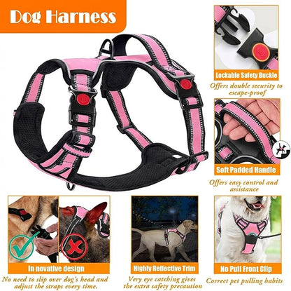 No Pull Dog Harness, Collar & Leash Set | Includes Dog Seat Belt, Collapsible Bowls & Poop Bag Dispenser. Ideal for Training, Walking, Hiking. Fits Small to Large Dogs(Pink-L)