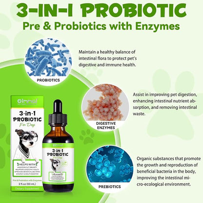 Probiotic for Dogs, 2 Pack Natural 3 in 1 Dog Probiotic Drops Helps to Diarrhea & Upset Stomach Relief, Supports Healthy Digestive System, Allergies, Digestive Enzyme for Dog, Bacon Flavor - 60ml x 2