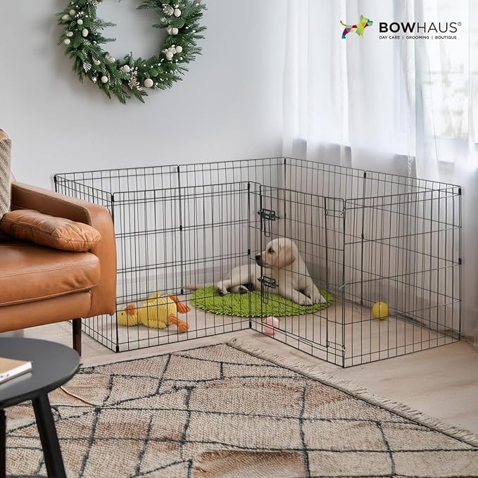 BOWHAUS Foldable Outdoor/Indoor Pet Playpen with Gate, Available in 36 Inch Height Metal Portable Kennel, Heavy-Duty Exercise Fence Cage 8 Panels for Large Dog, Animals