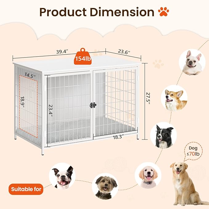 MAHANCRIS Dog Crate Furniture with Cushion, Wooden Dog Kennel with Double Doors, Heavy Duty Dog Cage for Small/Medium/Large Dogs, Indoor Dog House End Table, 39.4" L, White DCBW10701