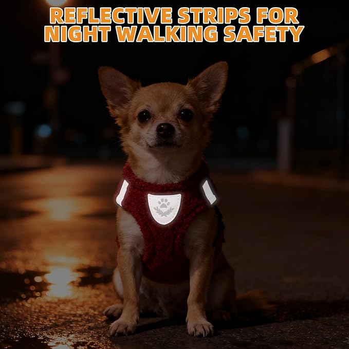 KOOLTAIL Christmas Plush Small Dog Harness and Leash Set, Warm Fleece No Pull Puppy Vest for Winter, Lightweight Reflective Step in Pet Harness for Medium Sized Dogs Boy Girl Outdoor Walking, Red S