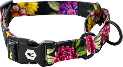 Wolfgang Heavy Duty Martingale Dog Collar with Quick Release Nylon Buckle for Walking & Training, DarkFloral Print, Large