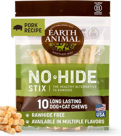 Earth Animal No Hide Stix - Long Lasting Rawhide Free Small Dog Chews Sticks, Pork - 10 Count