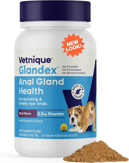 Vetnique Glandex Dog Fiber Supplement Powder for Anal Glands with Pumpkin, Digestive Enzymes & Probiotics - Vet Recommended (Regular or Advanced Strength) - Boot The Scoot (2.5 oz, Pork Liver)