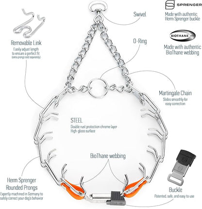 Herm Sprenger Chrome Plated Steel Dog Collar with Quick Release ClicLock Buckle and Biothane Insert Training Collar for Dogs Made in Germany (Hunter Orange, 22in x 3.0mm(Neck Size up to 18-19in))