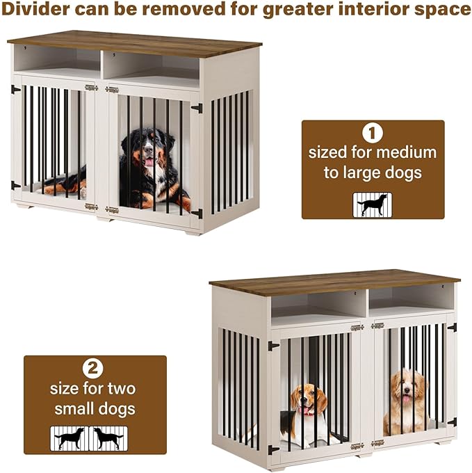 REVOMINCA 41" Dog Crate Furniture with Removable Divider, Decorative Dog Kennel with Storage Compartment, Heavy-Duty Indoor Dog Cage for 2 Small Dogs or 1 Medium, White