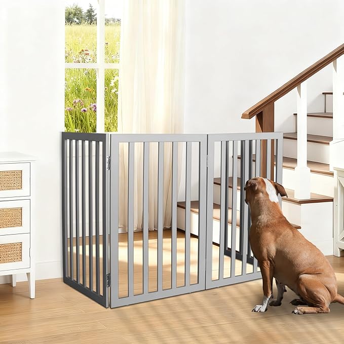 ZJSF Freestanding Indoor Dog Gate for House Foldable Wood Grey Puppy Gate for Doorways Pet Gate for Stairs Extra Wide Pet Fence 32" Height 3 Panels