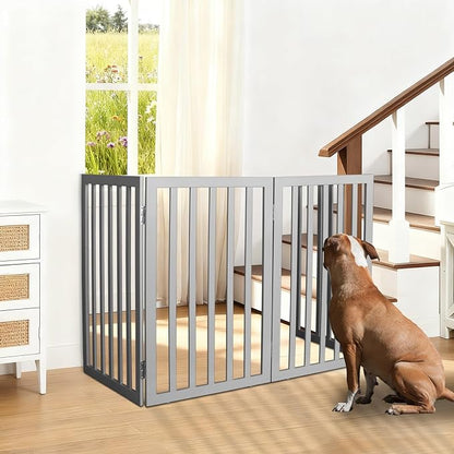 ZJSF Freestanding Indoor Dog Gate for House Foldable Wood Grey Puppy Gate for Doorways Pet Gate for Stairs Extra Wide Pet Fence 32" Height 3 Panels