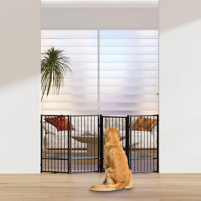 SNUOWU Full Metal Freestanding Dog Gate with Door, 36''Height Foldable Pet Dog Fence for Indoor & Outdoor, 4 Panels Extra Wide Free Standing TallDog Gates for Doorways,House,Stairs,Porch,Deck,Yard