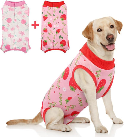 SAWMONG 2 Pack Recovery Suit for Dogs After Surgery, Dog Recovery Suit Soft Polyester, Pet Spay Surgical Suit Female Male, Dog Onesie Body Suit Substitute E-Collar Cone(Strawberry+ Peach,XXL)