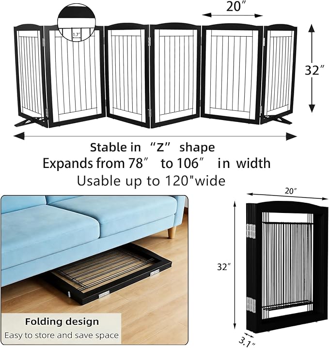 ZJSF Freestanding Dog Fence Indoor, Foldable Dog Gate for Doorways, Stairs or Hallways, Sturdy Wood Extra Wide Pet Gate with Support Feet for The House, Black, 32 "Height-6 Panels