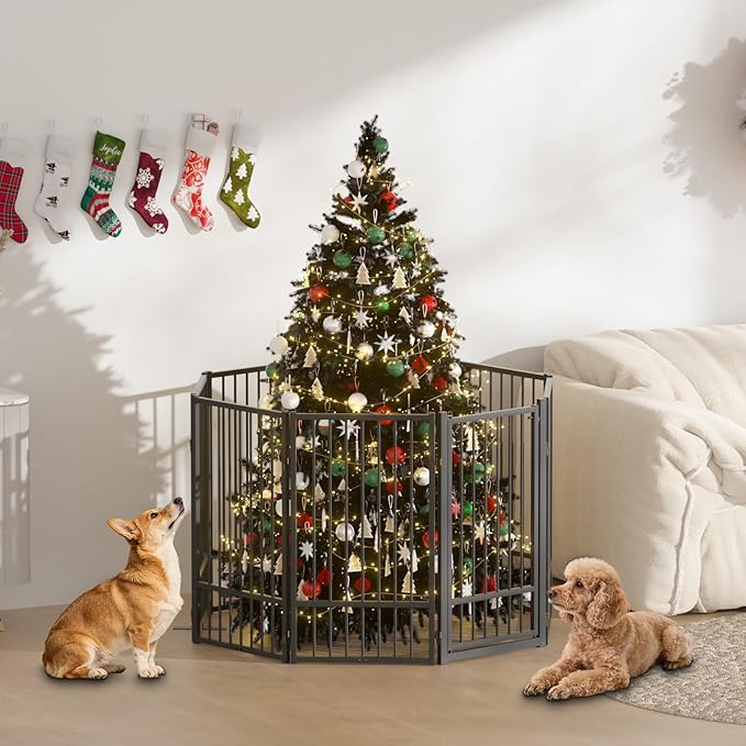SNUOWU Full Metal Freestanding Dog Gate with Door, 36''Height Foldable Pet Dog Fence for Indoor & Outdoor, 8 Panels Extra Wide Free Standing TallDog Gates for Doorways,House,Stairs,Porch,Deck,Yard