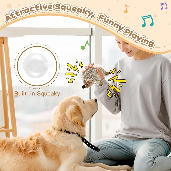 Pawaboo Plush Dog Toy, Non-Toxic Super Soft Faux-Fur Hedgehog Dog Toy Squeak Aninal Toy Stuffed Biting Training Playing Toys for Dog Puppy, Brown