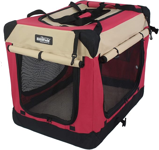 EliteField 4-Door Folding Soft Dog Crate with Curtains, Carrying Bag and Fleece Bed (2 Year Warranty), Indoor & Outdoor Pet Home (42" L x 28" W x 32" H, Red+Beige)