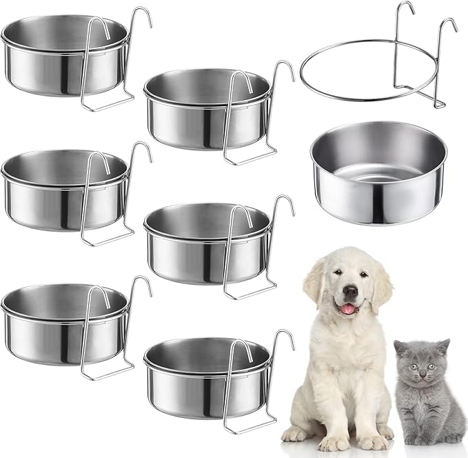mumufy 6 Pieces Stainless Steel Hanging Water Bowls with Holder Detached Anti Spill Pet Metal Bowl Cage Kennel Crate Food Bowl(30 oz)