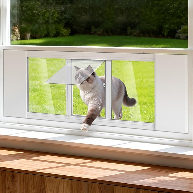 Upgraded Pet Cat Door for Window, Adjustable Width of 35"-46" Window Cat Door Insert, Quick Installation Pet Doors for Cats Small Dog with Aluminum Frame, Tight Seal, Safety & Weatherproof, HD Glass