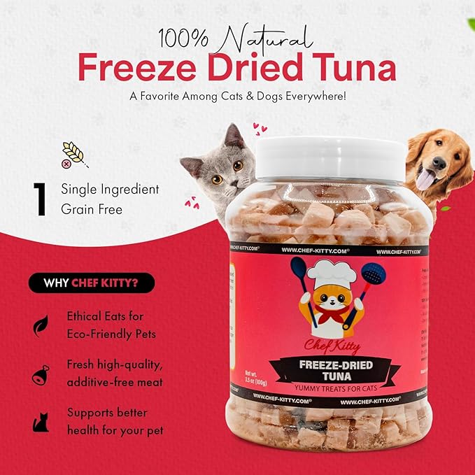Tuna Cat Treats, 100% Wild Caught | Freeze Dried Dog Treats, High Protein | Grain-free, Single Ingredient Cat & Dog Food Toppers | No Additives or Preservatives | Inspected & Tested in USA | 7.4 oz