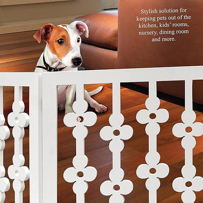 Etna White Floral Wooden Pet Gate - Freestanding Foldable Adjustable 3-Section Dog Gate. Extra Wide, Keeps Pets Safe Indoors/Outdoors - Fully Assembled