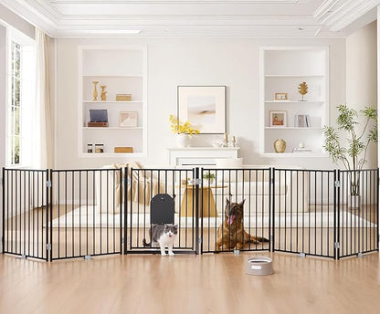 No Pawblems Dog Gate with Cat Door, Free Standing 30'' Tall Foldable Dog Fence for Indoor & Outdoor, Up to 156 Inch Extra Wide Puppy Gate for Stairs, Hallways, Doorways, Deck, Yard (Black, 6 Panels)