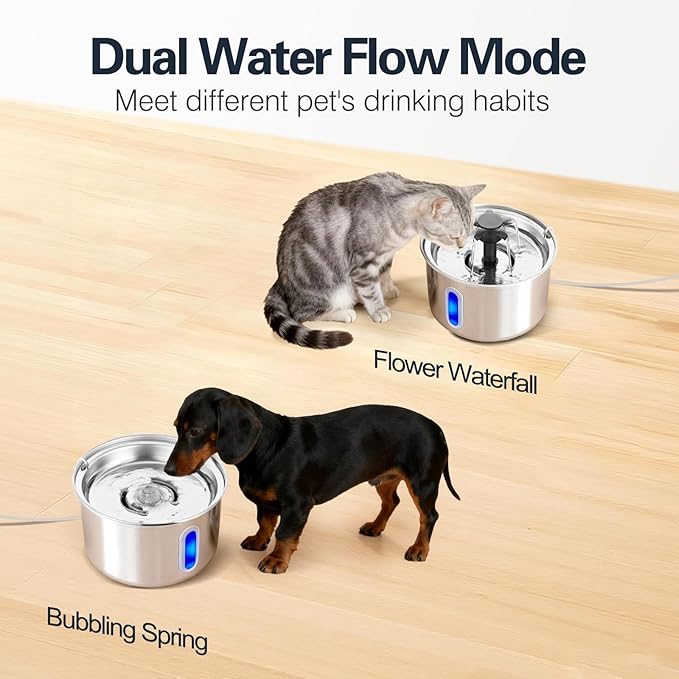 3L/101oz Stainless Steel Cat Water Fountain for Indoor Use - Ultra Quiet Automatic Cat Fountain for Drinking, Pet Water Foutain for Cat with LED Window, Easy to Clean (8 Filters & 8 Sponges)
