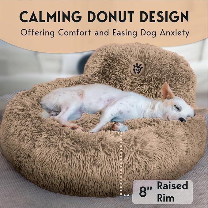 PetJett Calming Medium Dog Bed - 30'' Round Dog Beds, Anti-Slip & Washable Super Soft Fluffy Plush Donut Bed, Anti-Anxiety Premium Comfort Pet Bed, Fits Dogs up to 45 lbs - Beige