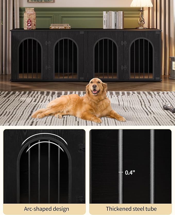 Hzuaneri 71" Dog Crate Furniture for 2 Dogs, Heavy Duty Indoor Dog Kennel TV Stand, XL Wooden Dog Cage with Divider for Medium Large Dogs, End Table Dog Crate with Cushion, Black DFC81904B