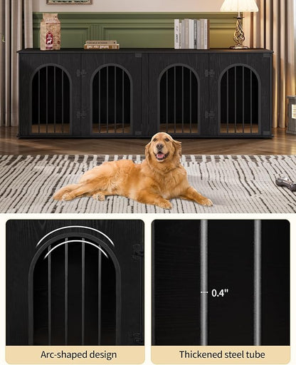 Hzuaneri 71" Dog Crate Furniture for 2 Dogs, Heavy Duty Indoor Dog Kennel TV Stand, XL Wooden Dog Cage with Divider for Medium Large Dogs, End Table Dog Crate with Cushion, Black DFC81904B