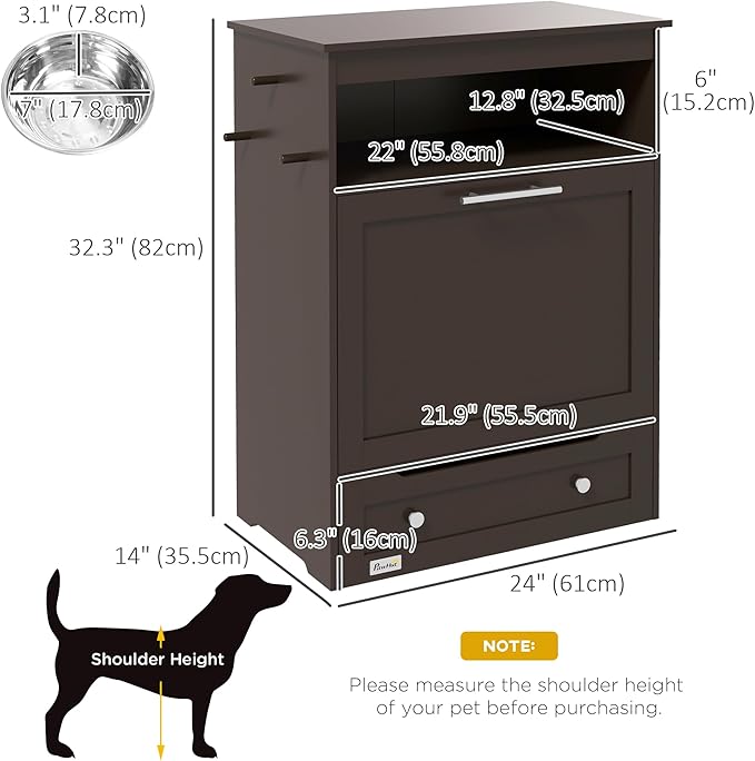 PawHut Dog Feeding Station with Raised Bowls & Storage Cabinet, Pet Feeder Cabinet Container with Hanger for Feeding & Watering Supplies, Dog Food Organizer, Brown