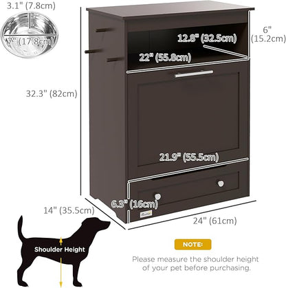 PawHut Dog Feeding Station with Raised Bowls & Storage Cabinet, Pet Feeder Cabinet Container with Hanger for Feeding & Watering Supplies, Dog Food Organizer, Brown