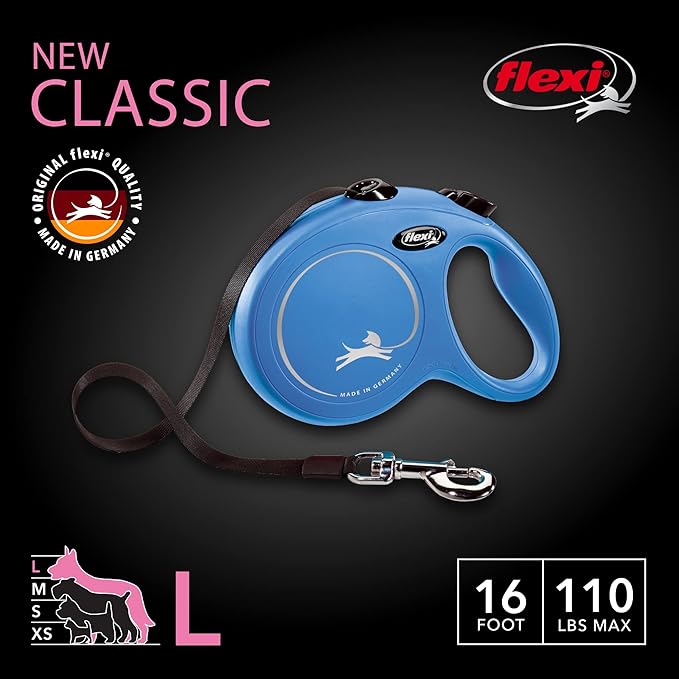 FLEXI New Classic Tape Retractable Dog Leash for Large Dogs Upto 110 lbs. – 16 ft., Blue | Tangle Free Pet Walking Leash with One-Handed Brake, Pause, Lock|German Quality Product